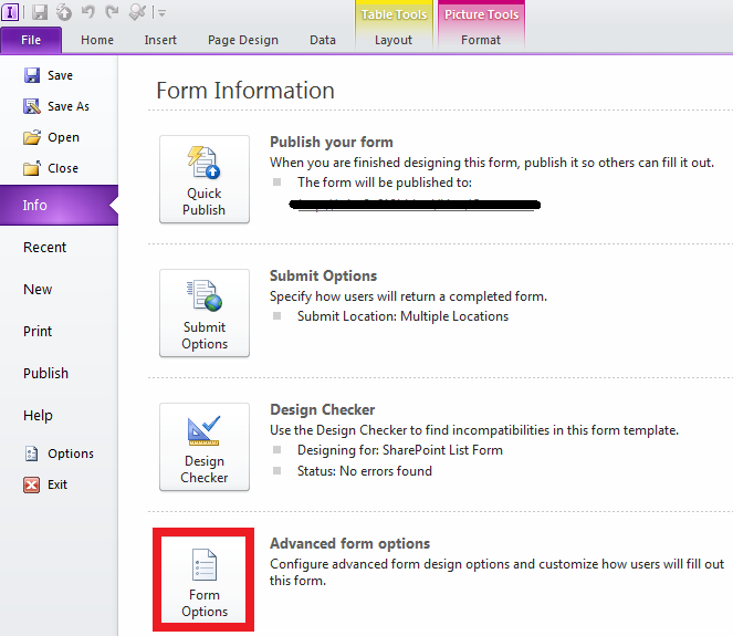 InfoPath Form Options